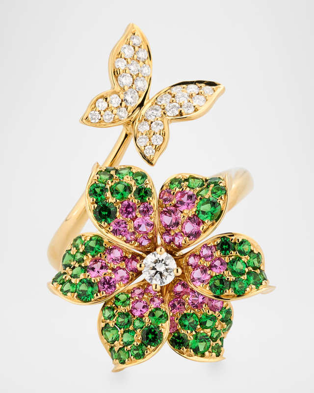 Rainbow 18K Yellow Gold Sapphire Flower & Butterfly Diamond Ring